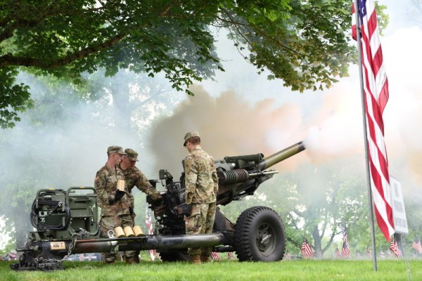 A Howitzer Salute by Alpha Battery 2-218th Field Artillery, Oregon Army National Guard during a Memorial Day Ceremony at the Willamette National Cemetery, Portland, Oregon, May 27, 2019