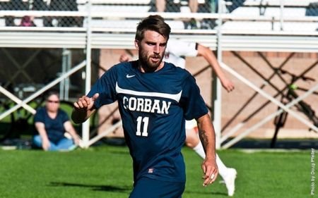 James Williamson recorded a number of long throw-ins for the Warriors in the defeat. Photo Courtesy: Doug Pfeiler - Corban Athletics