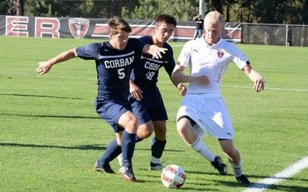 Bobby Hutchin (#5) dished out an assist on the Corban goal in the match. Photo Courtesy: Corban Athletics