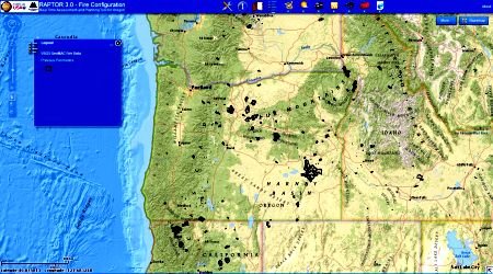 Snapshot of RAPTOR (Oregon’s Real-time Assessment and Planning Tool for Oregon), displaying all wildfire perimeters from the 2014 fire season. 