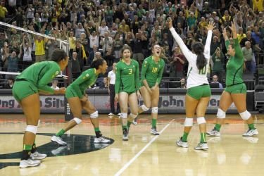 The No. 13 Oregon volleyball team defeated Colorado in four sets, 33-31, 25-19, 21-25, 25-23, Saturday, in front of a boisterous crowd of 3,551 at Matthew Knight Arena. Photo Courtesy: goducks.com