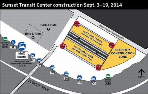 Starting Wednesday, the Sunset Transit Center MAX Station will be CLOSED for about 16 days during platform improvements. Image Courtesy: TriMet