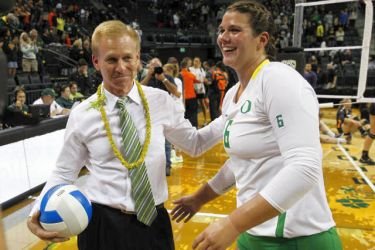 UO volleyball coach Jim Moore won his school-record 197th match in Wednesday's Civil War, Photo Courtesy: goducks.com