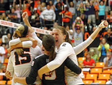 Mary-Kate Marshall and Katelyn Driscoll set new bests in kills while Darby Reeder had a career night in digs as the Oregon State volleyball team (11-2, 1-1 Pac-12) took down the Utah Utes (10-3, 0-2 Pac-12) Saturday evening. Photo Courtesy: OSU Athletics